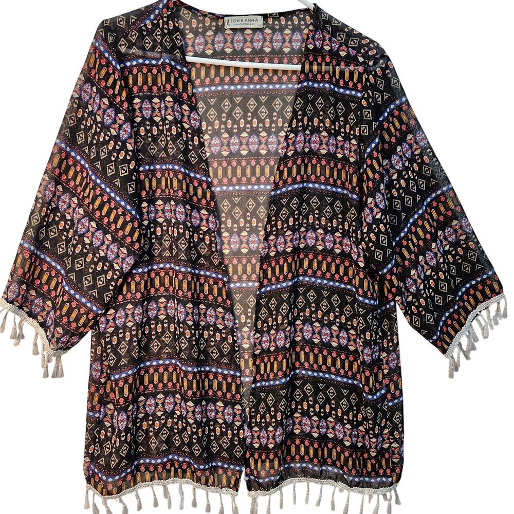 Jon & Anna Black Multicolor Geometric Cardigan Kimono Cover Up Large Boho Hippie